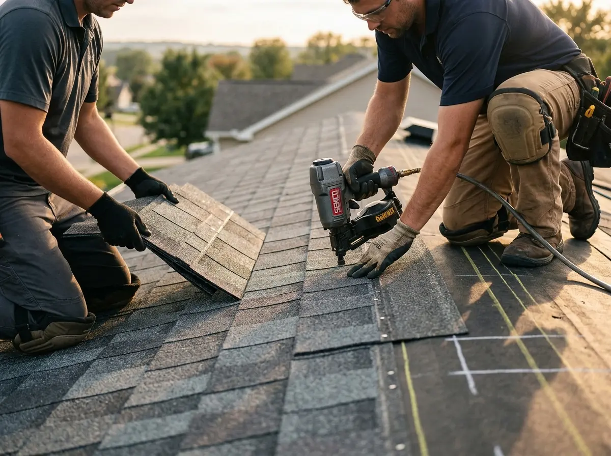 Professional roofer working on a residential roof in West Monroe